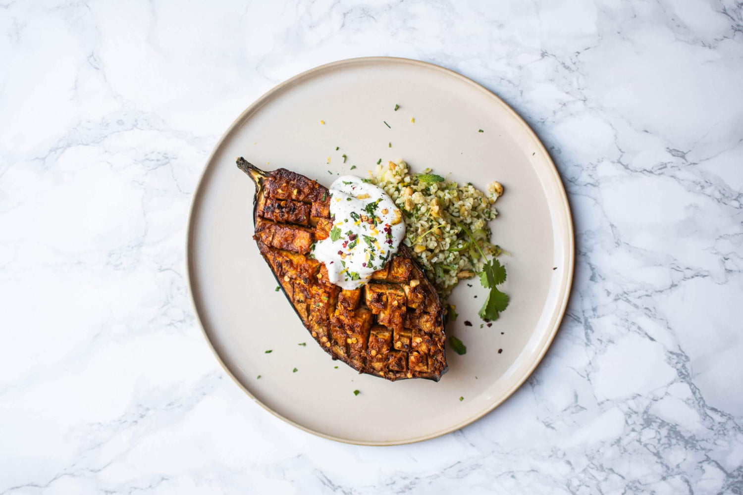 Charmoula aubergine met bulgur en munt